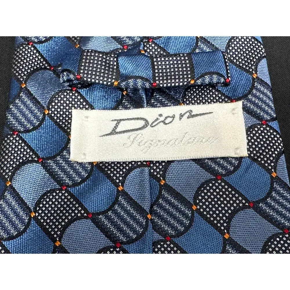 Dion Signature 100% Silk Tie Geometric Squares Pattern in Blue Black and Orange